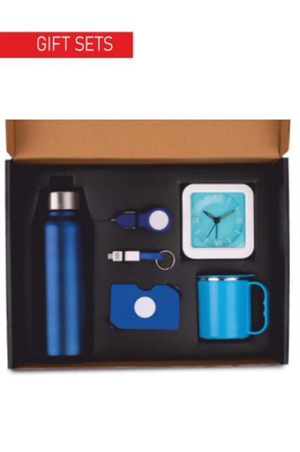 PUTHUSU 6 IN 1 SET Q 65 Steel Water Bottle (750ml), Silicon Mobile Wallet, Charging Cable With Keychain, Glowing Car Charger, Glow Clock, SS Mug