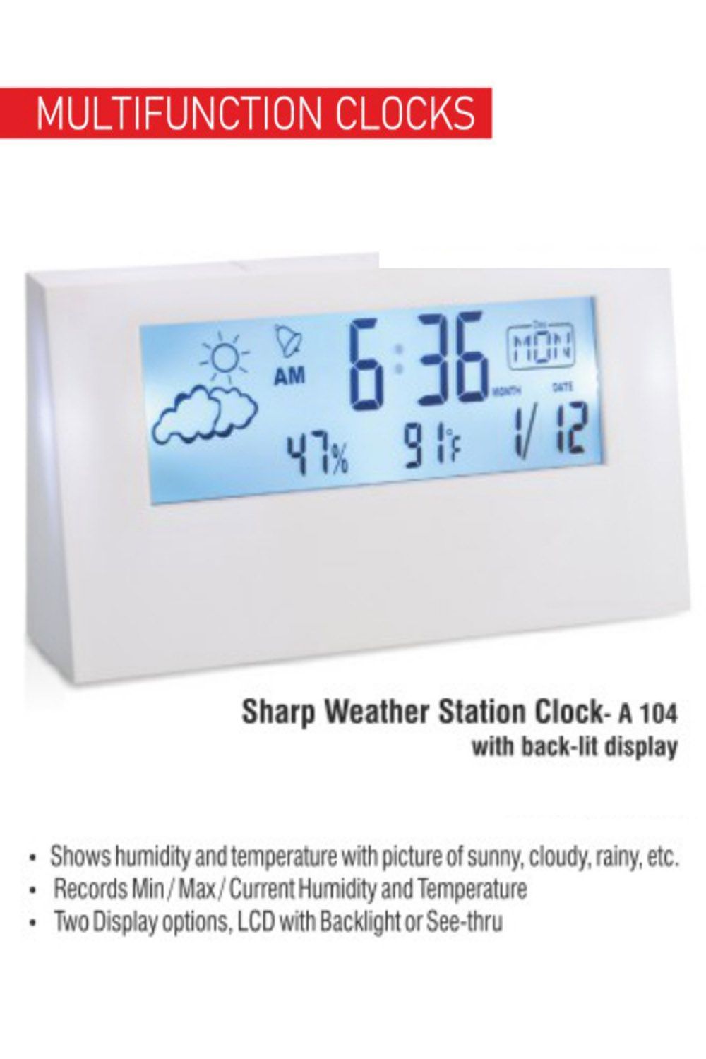 PUTHUSU SHARP WEATHER STATION CLOCK WITH BACK LIT DISPLAY A 104