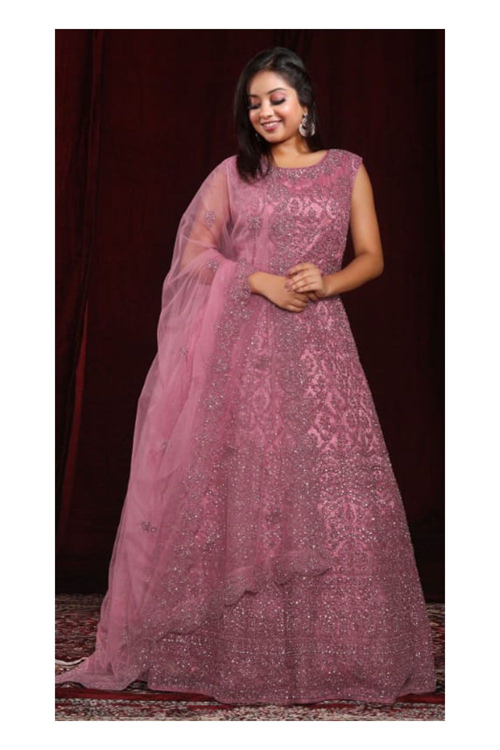 Gajiwala Womens Long Frock With Dupatta Pink 21266