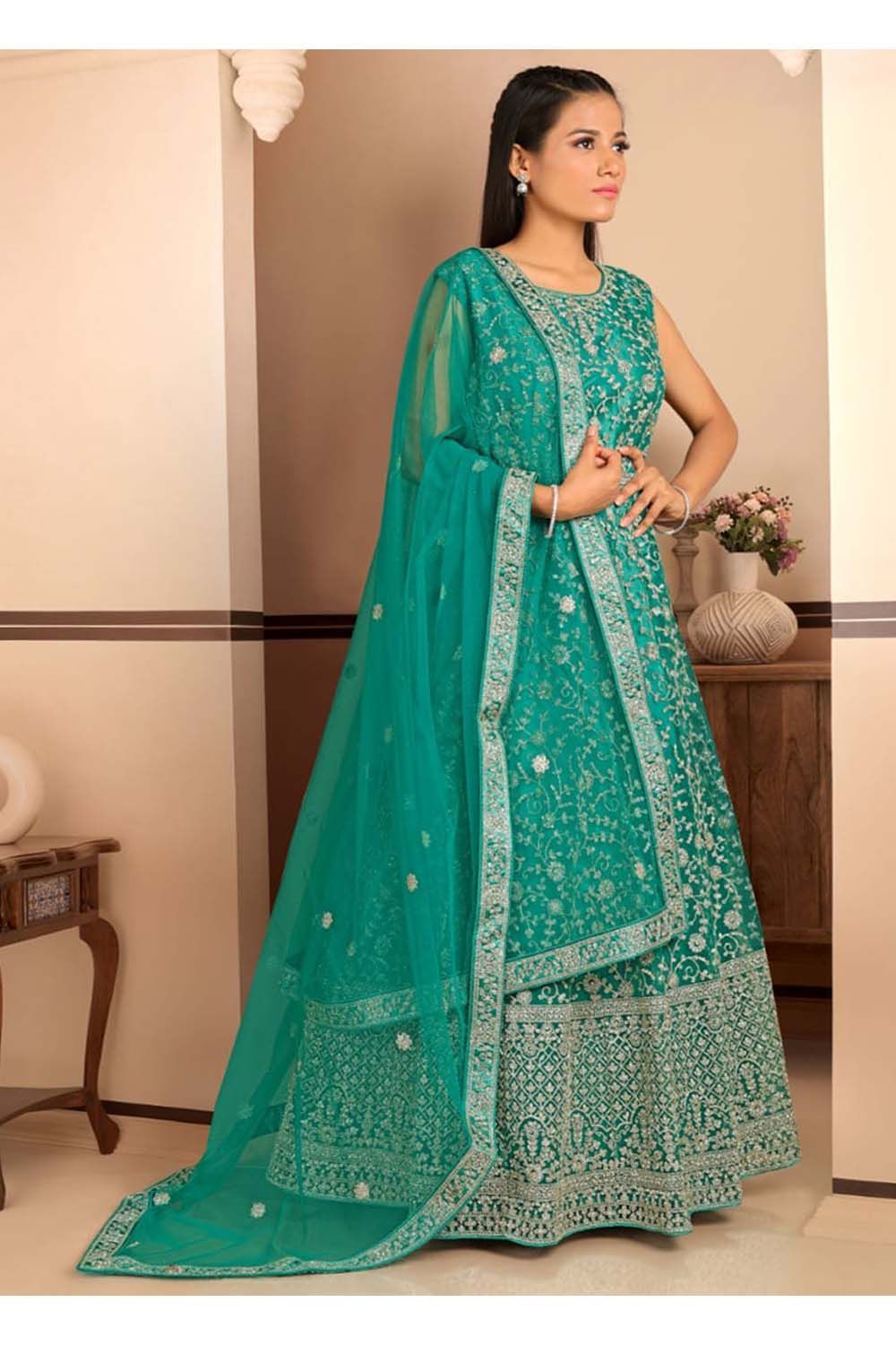 Gajiwala Womens Long Frock With Dupatta Rama Green 21298