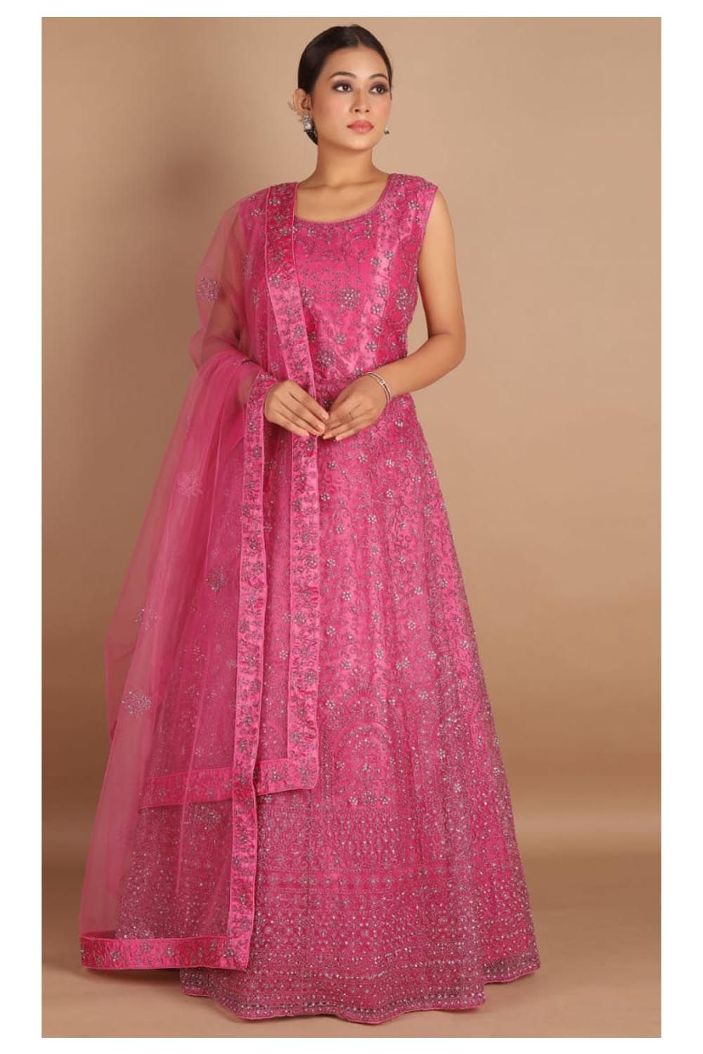 Gajiwala Womens Long Frock With Dupatta Pink 21290