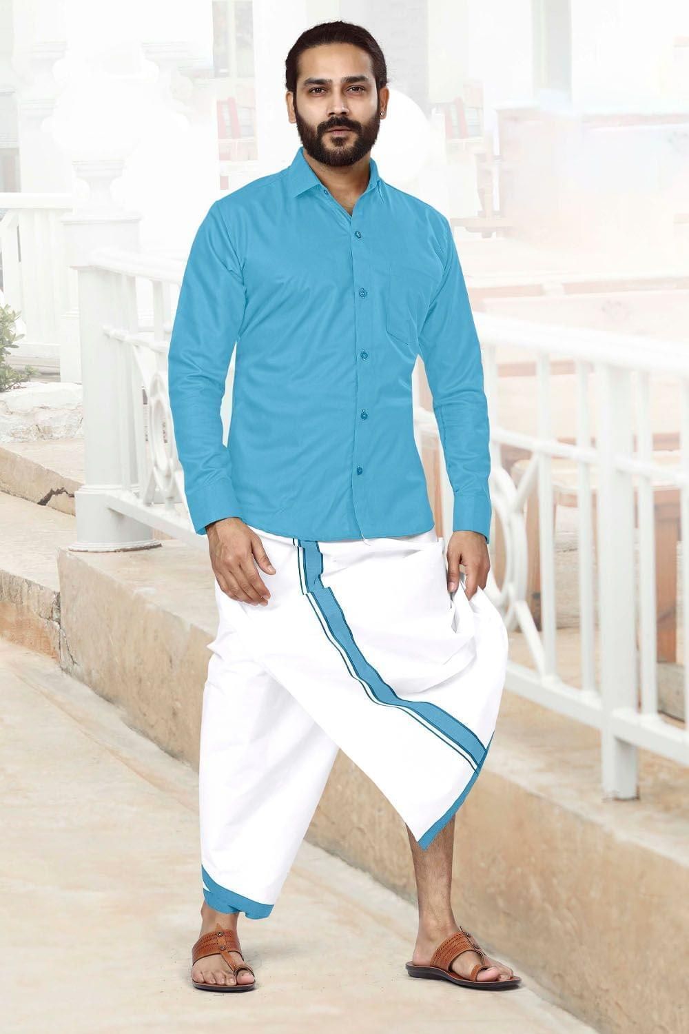 Acrylic Dhoti & Shirt Set Sky Blue Full Sleeve