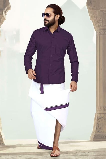 Acrylic Dhoti & Shirt Set Purple Full Sleeve