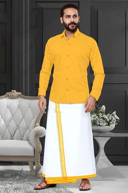 Acrylic Dhoti & Shirt Set Yellow Full Sleeve