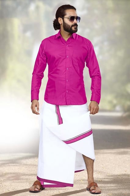 Acrylic Dhoti & Shirt Set Pink Full Sleeve