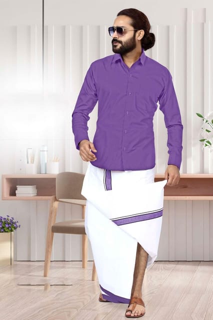 Acrylic Dhoti & Shirt Set Violet Half Sleeve