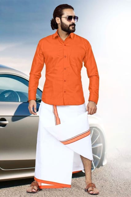 Acrylic Dhoti & Shirt Set Orange Half Sleeve