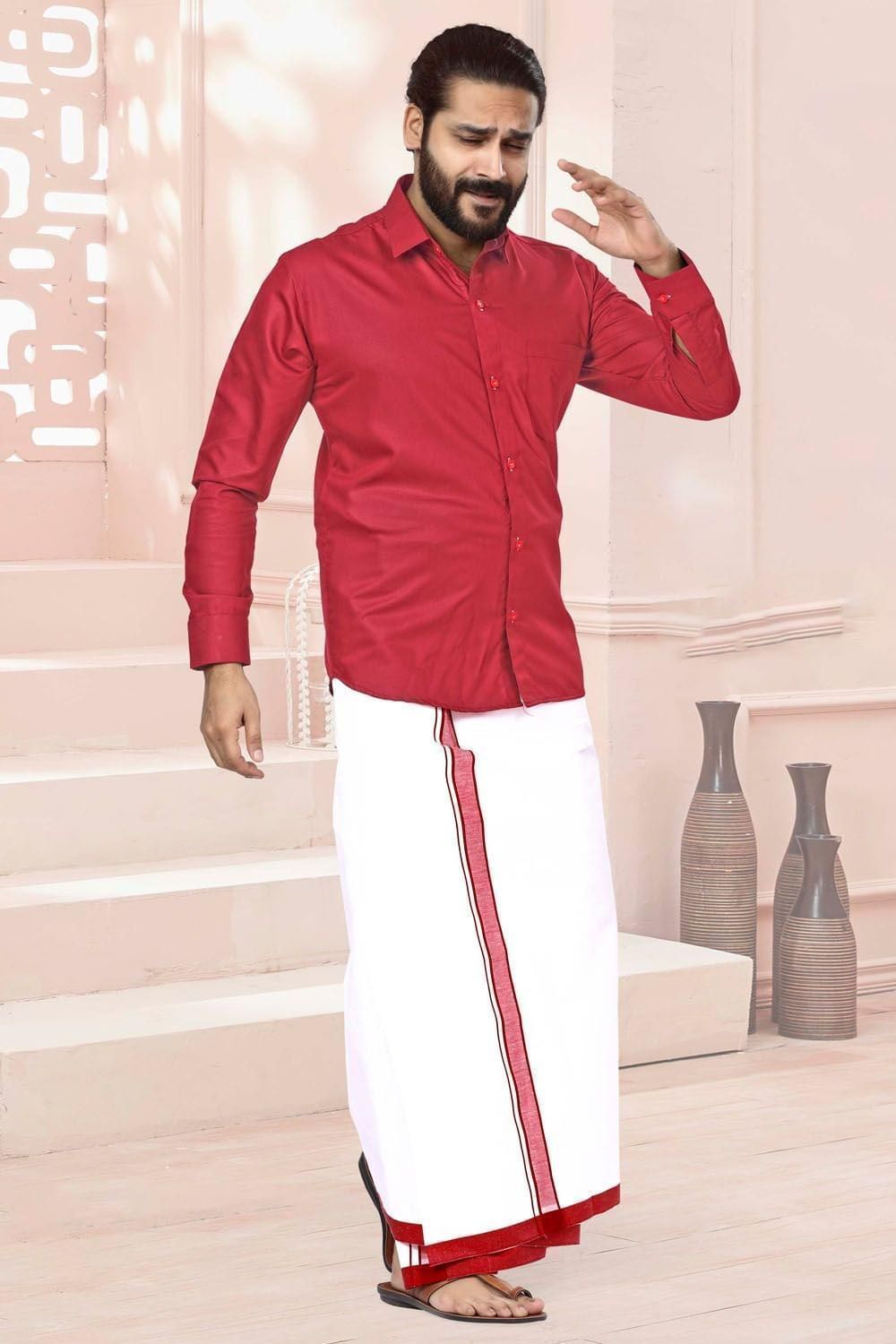 Acrylic Dhoti & Shirt Set Red Half Sleeve