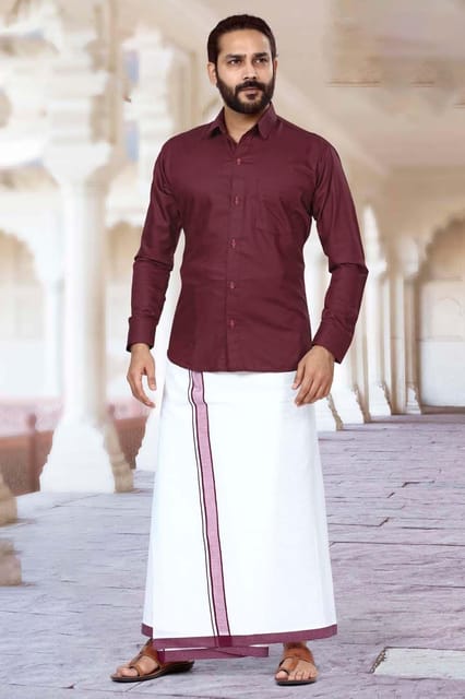 Acrylic Dhoti & Shirt Set Maroon Full Sleeve