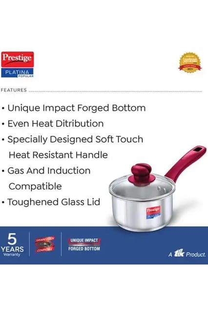 Prestige Platina Popular Ss Sauce Pan 160mm W Lid 1.5l 36882