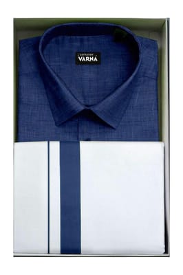 Uathayam Varna Kids Matching Border Dhoti & Shirt Set Half Sleeves Navy Blue-VA11024