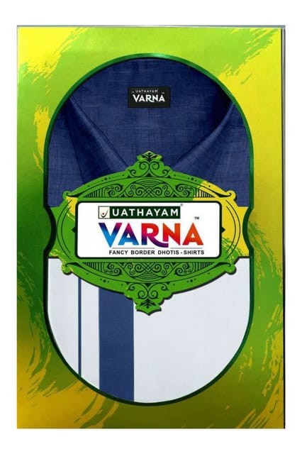 Uathayam Varna Kids Matching Border Dhoti & Shirt Set Half Sleeves Navy Blue-VA11024