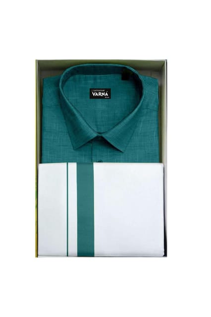 Uathayam Varna Kids Matching Border Dhoti & Shirt Set Half Sleeves Peacock Green-VA11022