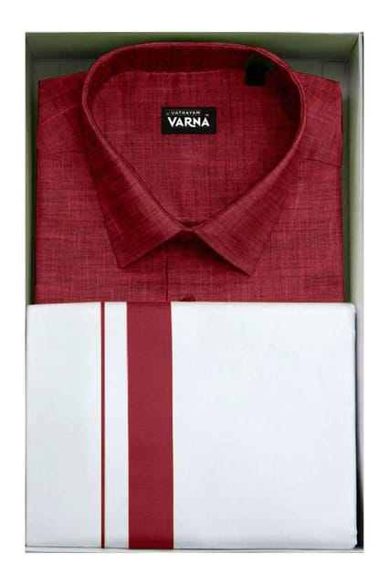 Uathayam Varna Kids Matching Border Dhoti & Shirt Set Half Sleeves Red-VA11026
