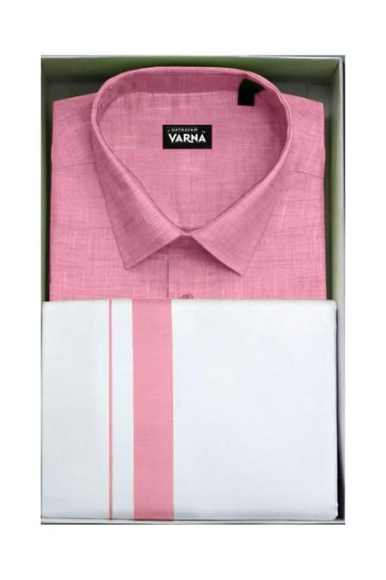 Uathayam Varna Kids Matching Border Dhoti & Shirt Set Half Sleeves Pink-VA11025