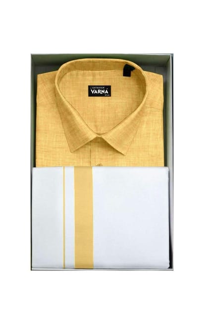 Uathayam Varna Kids Matching Border Dhoti & Shirt Set Half Sleeves Yellow-VA11029
