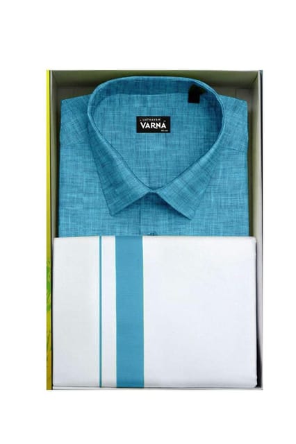 Uathayam Varna Kids Matching Border Dhoti & Shirt Set Half Sleeves Light Blue-VA11014