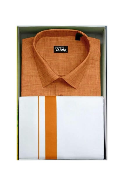 Uathayam Varna Kids Matching Border Dhoti & Shirt Set Half Sleeves Orange-VA11018