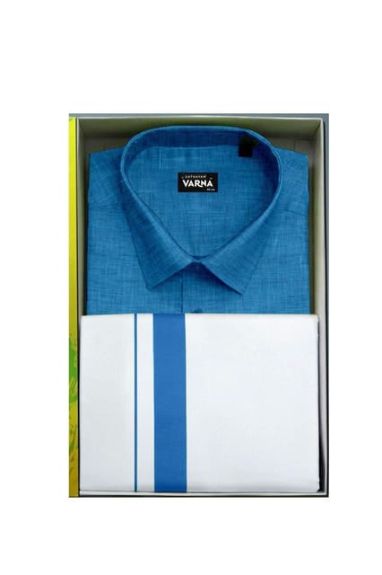 Uathayam Varna Kids Matching Border Dhoti & Shirt Set Half Sleeves Royal Blue-VA11020