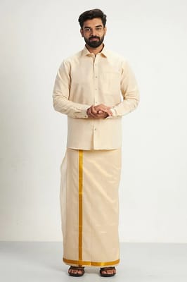 Uathayam Cotton Vaibhav Shirts and Tissue Jari Dhoti Set for Men