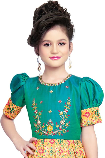 Hansi Girls Ethnic Wear Tissue Ball Gown Green GY33203