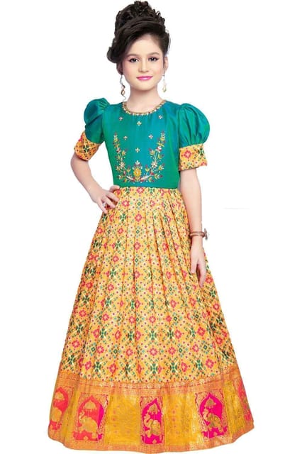 Hansi Girls Ethnic Wear Tissue Ball Gown Green GY33203