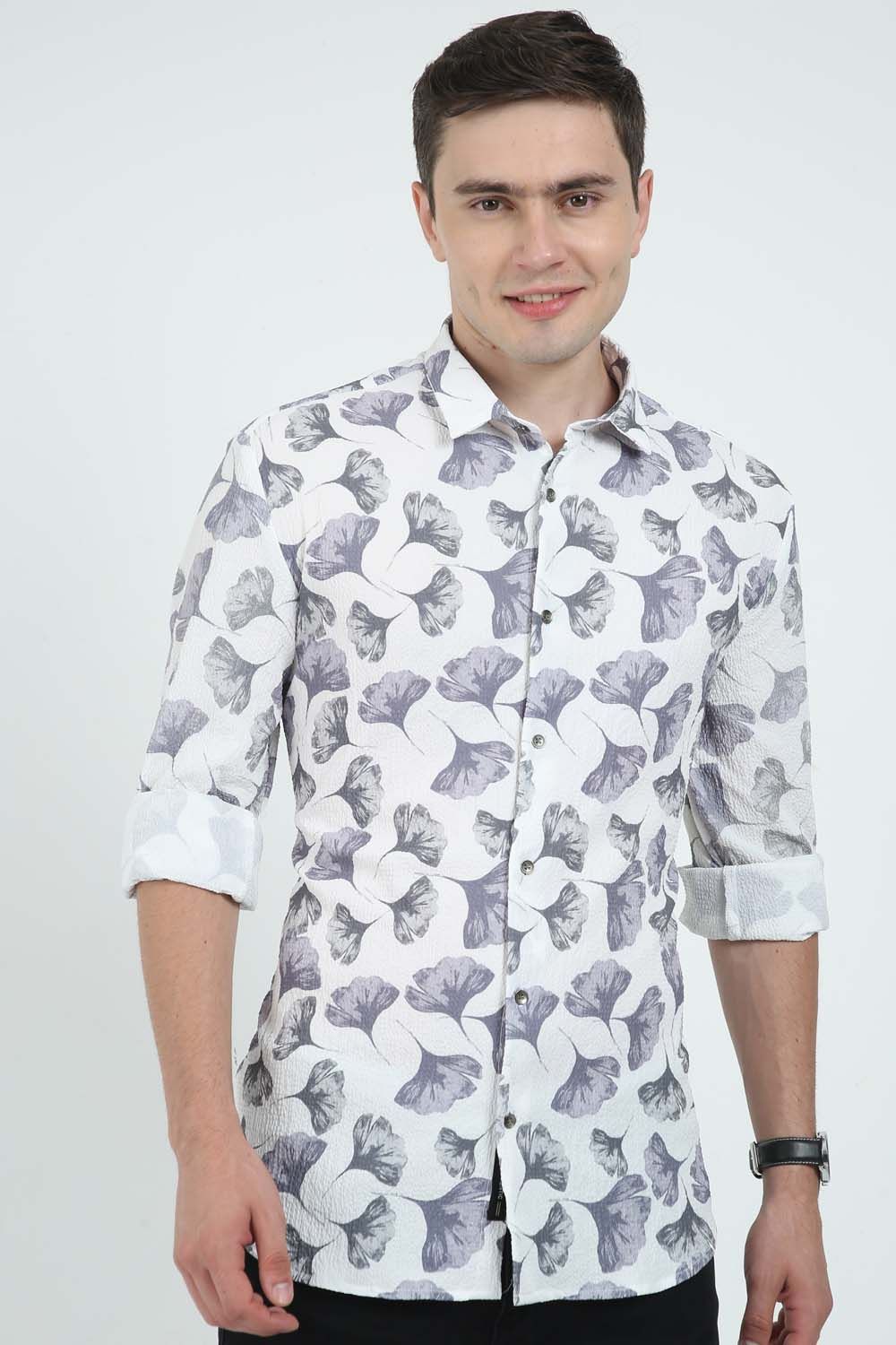 Krimty Grey Floral Printed Shirt KMTSH01433