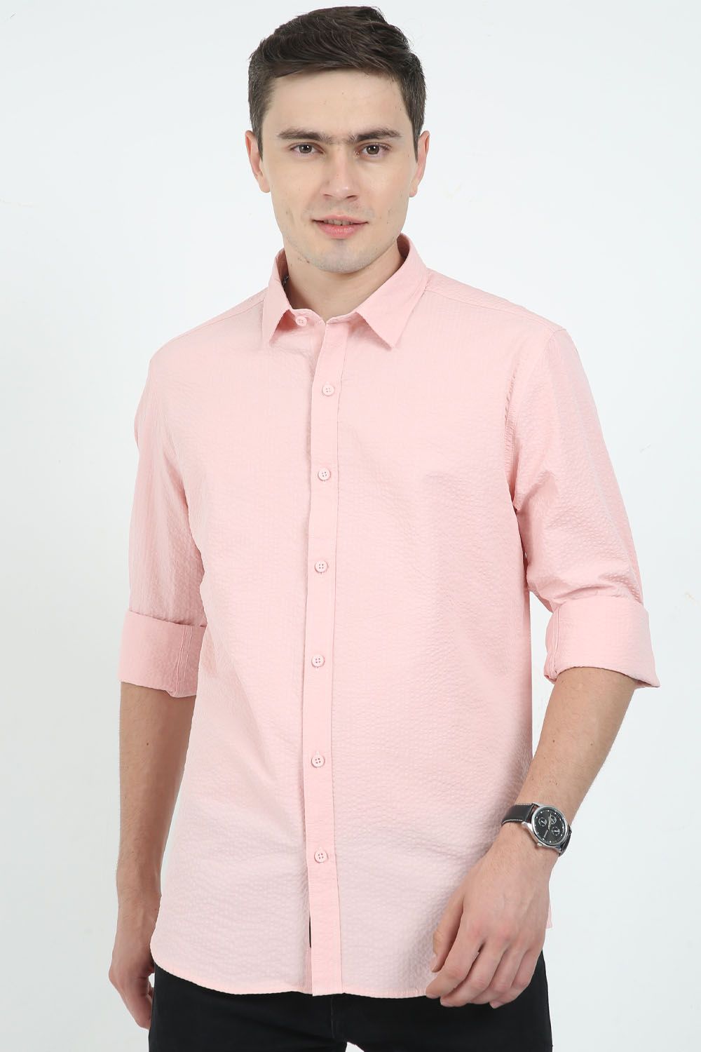 Krimty Light Pink Double Pocket Seersucker Shirt KMTSH01246