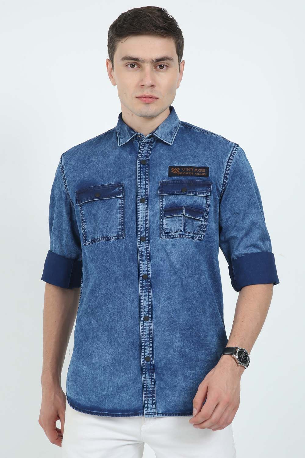 Krimty Dark Blue Denim Shirt With Coin Pocket KMTSH01099