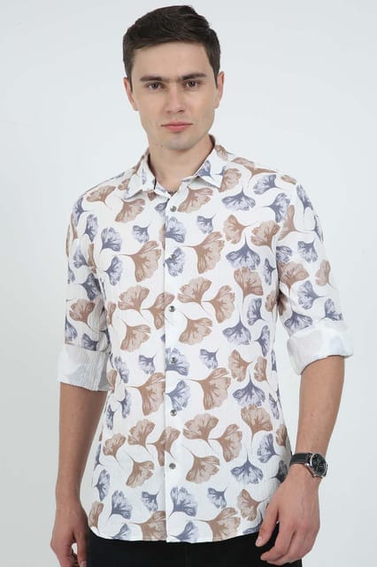 Krimty Brown & Blue Floral Printed Shirt KMTSH01432