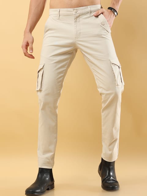 Slim Fit Cargo Cream Trouser