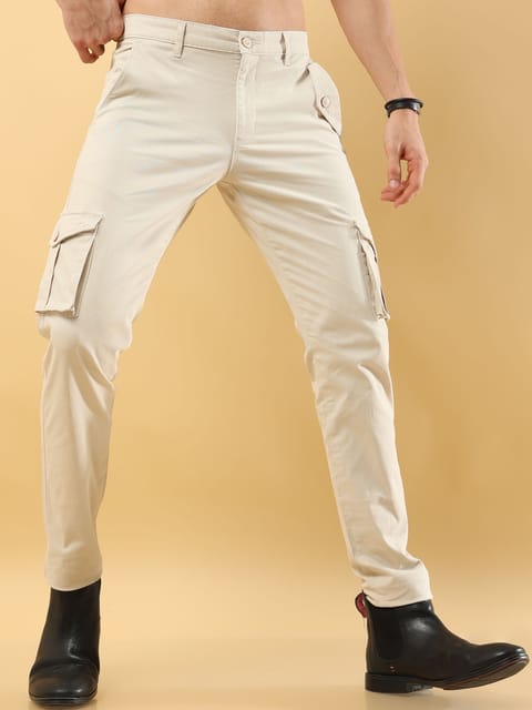 Slim Fit Cargo Cream Trouser