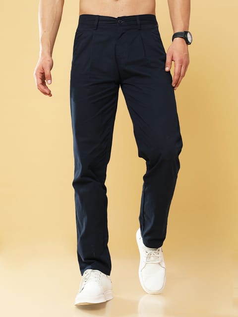 Pleated Navy Cotton Chino