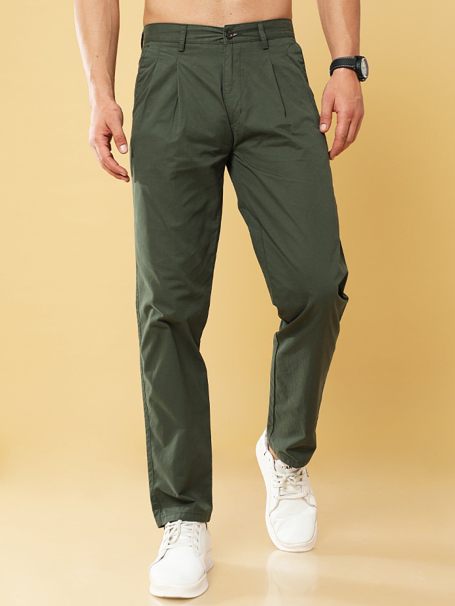 Pleated Olive Cotton Chino