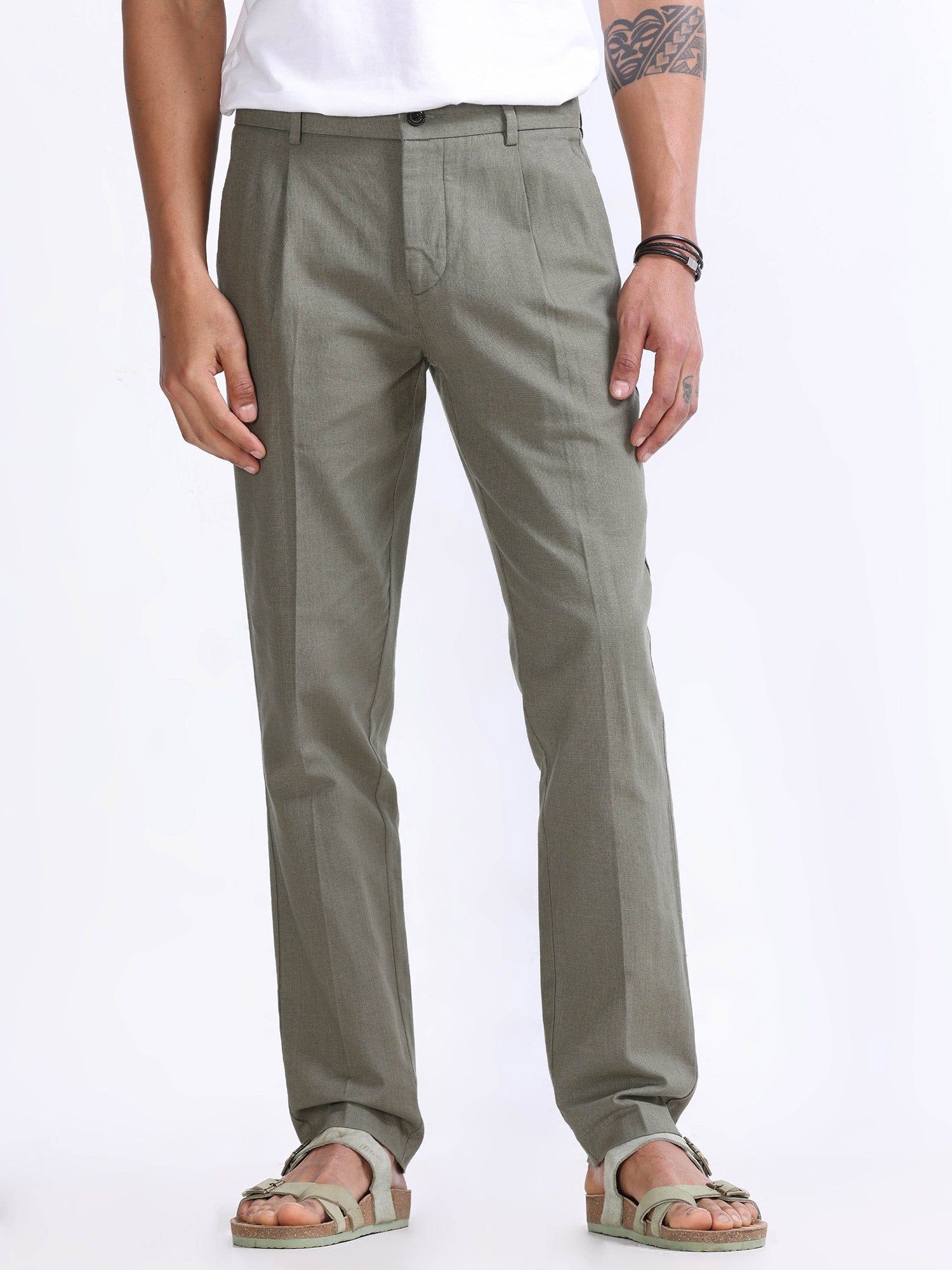 Raw Slub Pine Olive Pleated Pant