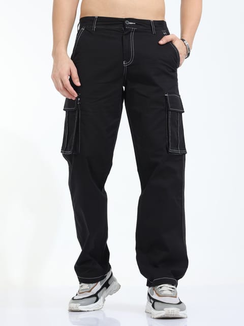 Contrast Stitch Black Baggy Fit Cargo