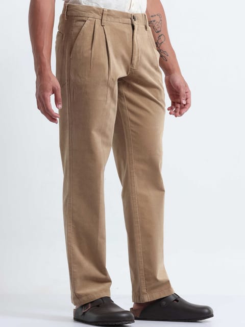 Soft Corduroy Beige Relaxed Pleated Pant