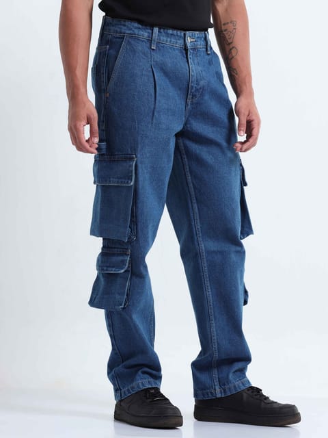 Classic Relaxed Mid Blue Double Cargo Denim