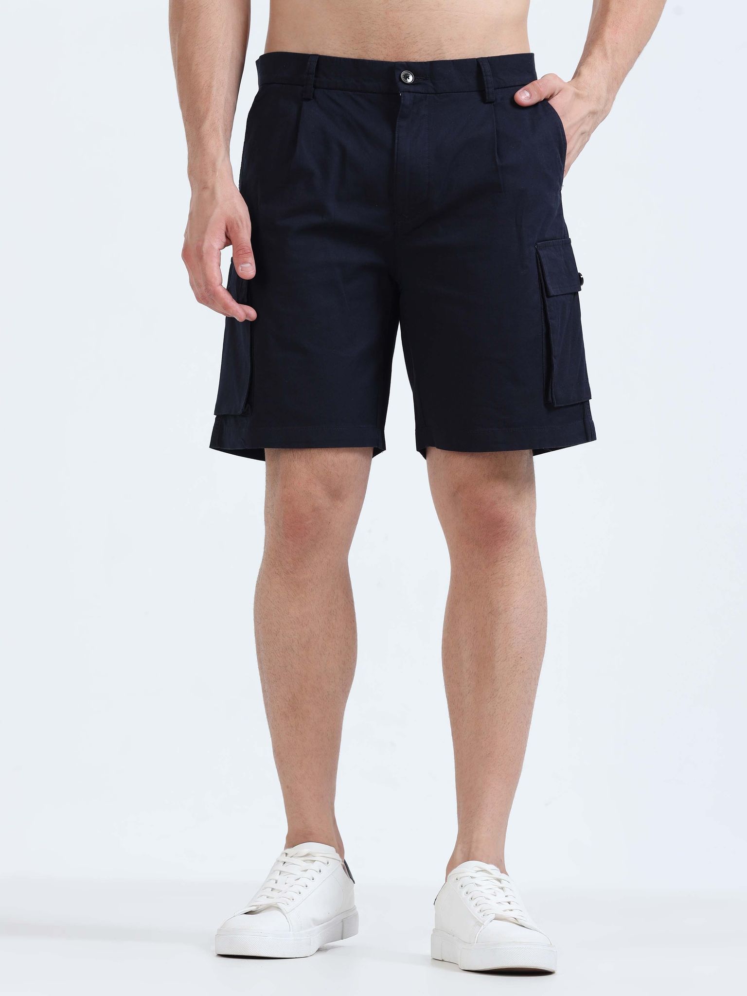 Soft Cotton Pleated Navy Cargo Shorts