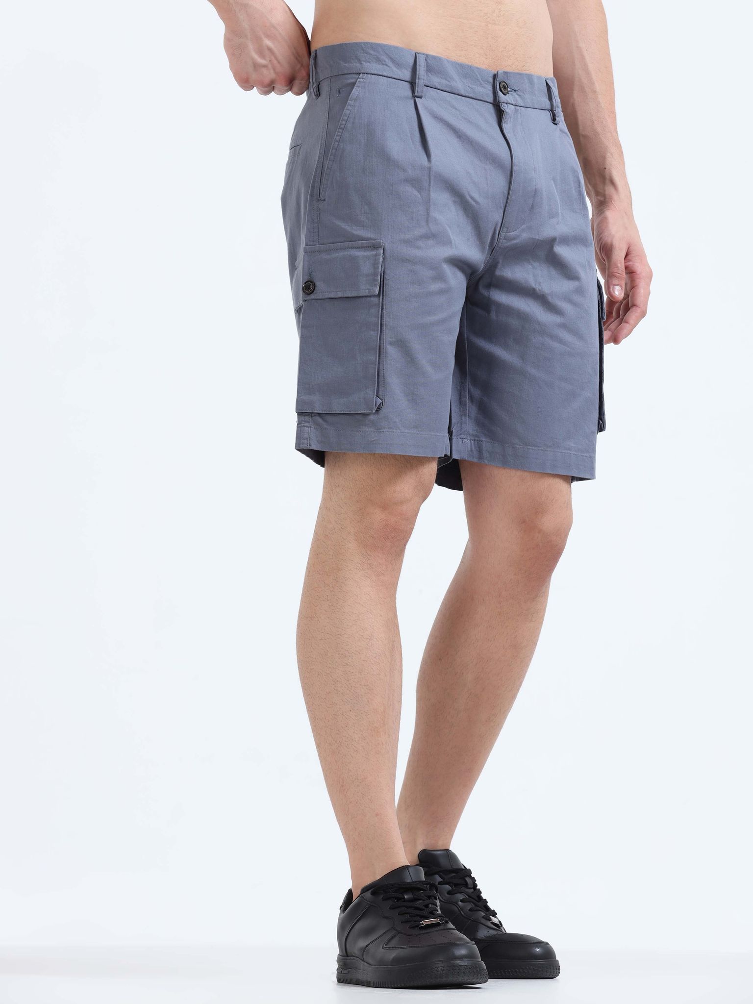 Soft Cotton Pleated Stone Blue Cargo Shorts