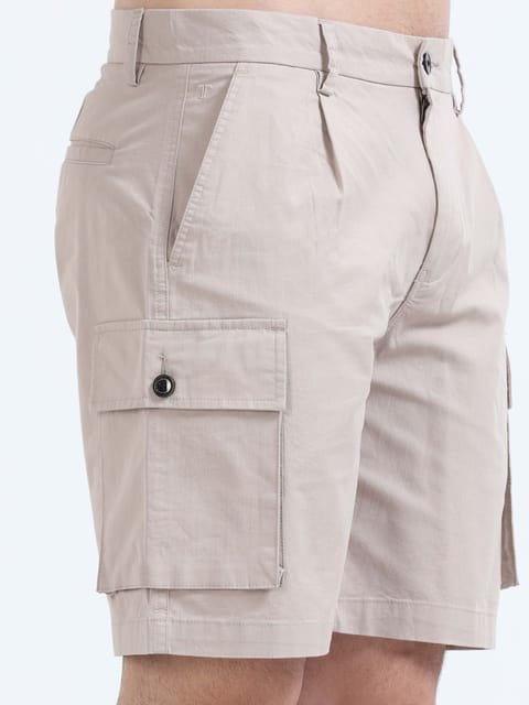 Soft Cotton Pleated Beige Cargo Shorts