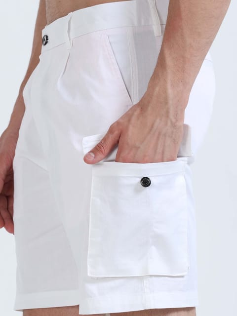 Soft Cotton Pleated White Cargo Shorts