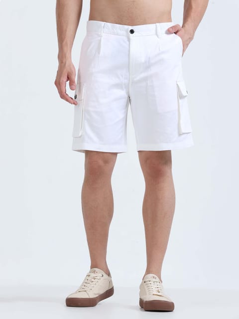 Soft Cotton Pleated White Cargo Shorts