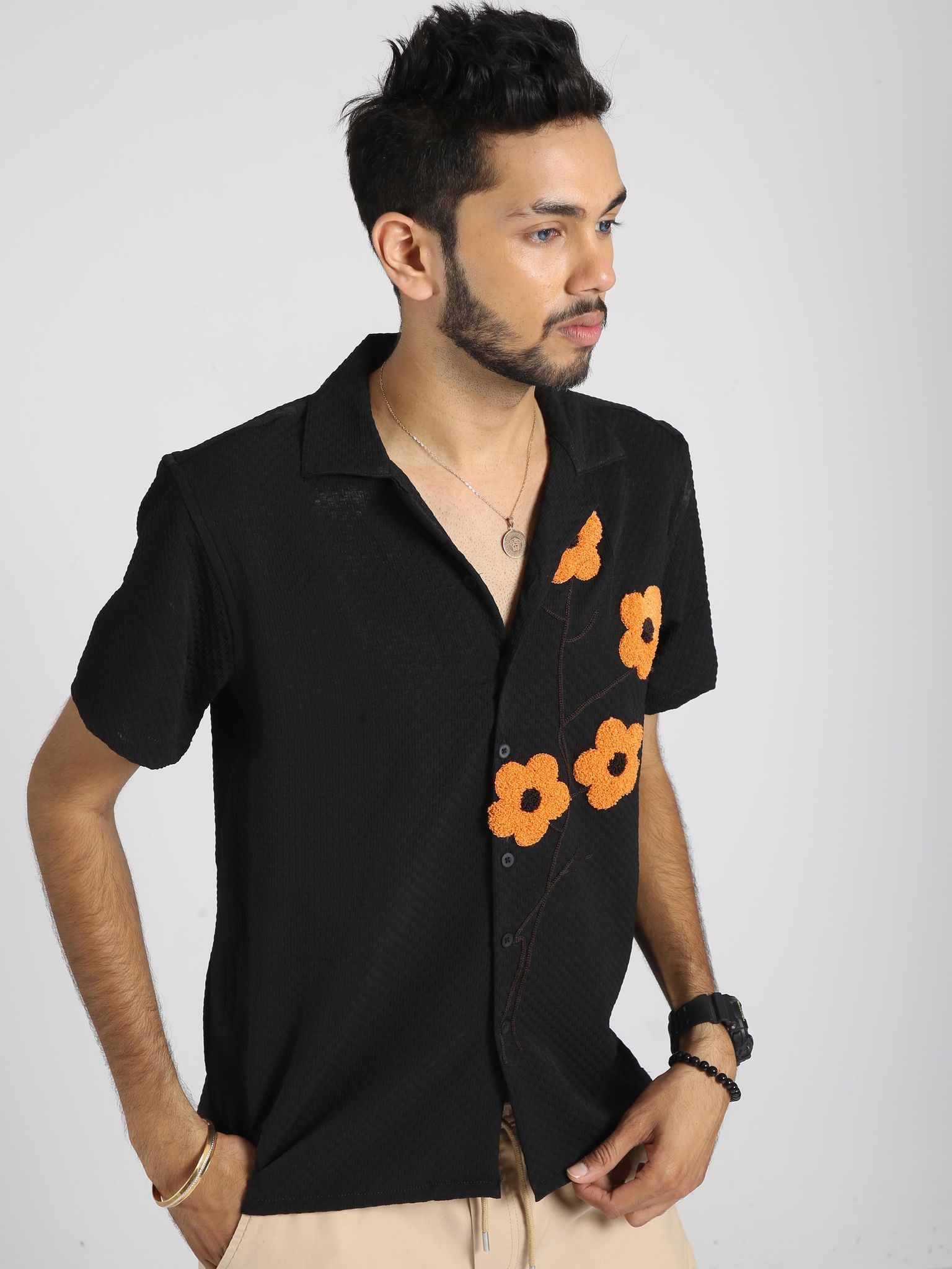 Men Sunflower Baggy Shirt - Black