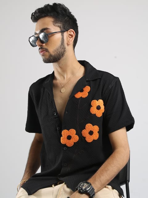 Men Sunflower Baggy Shirt - Black