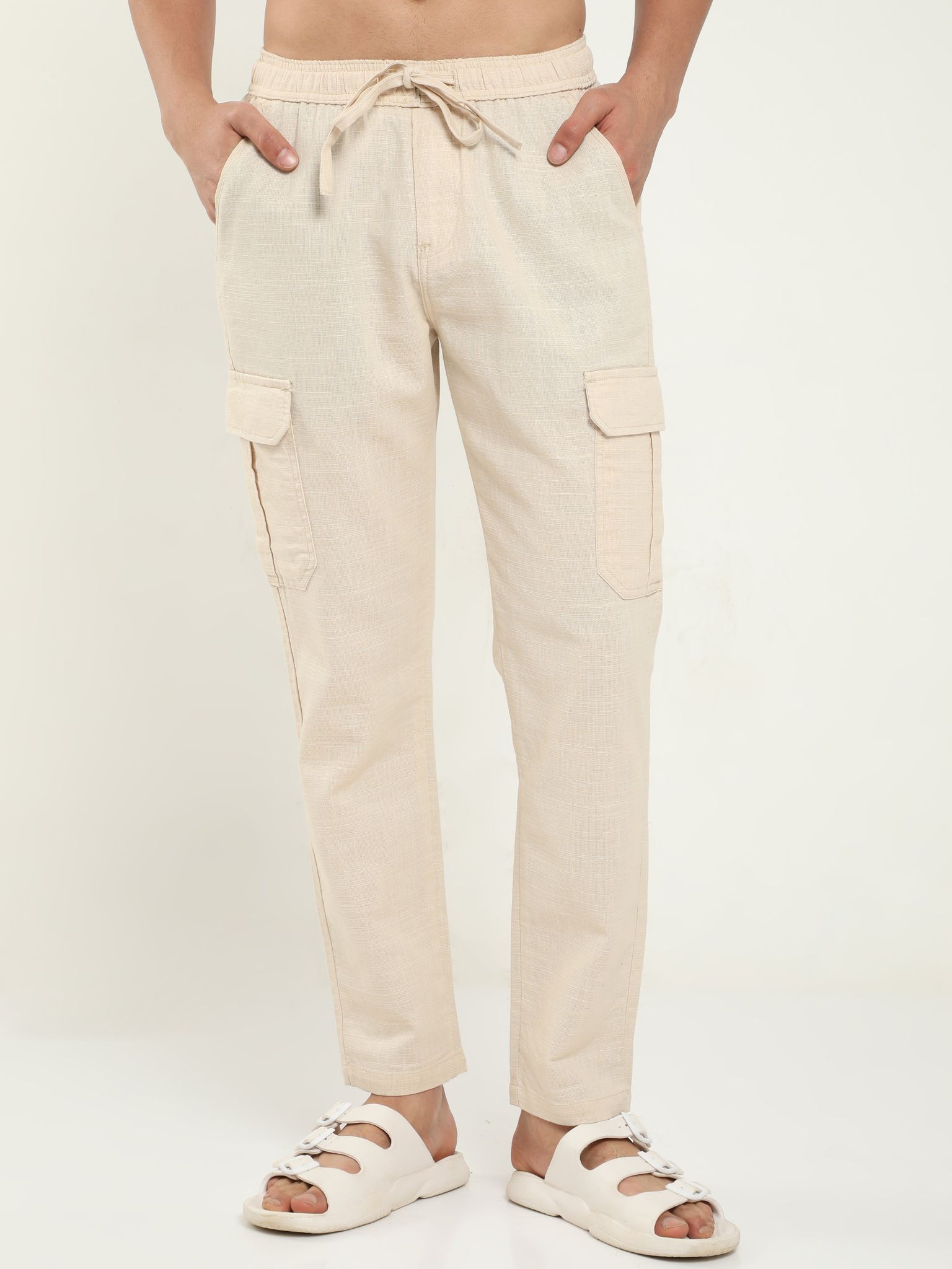 Men Lazy Beige Linen Pants