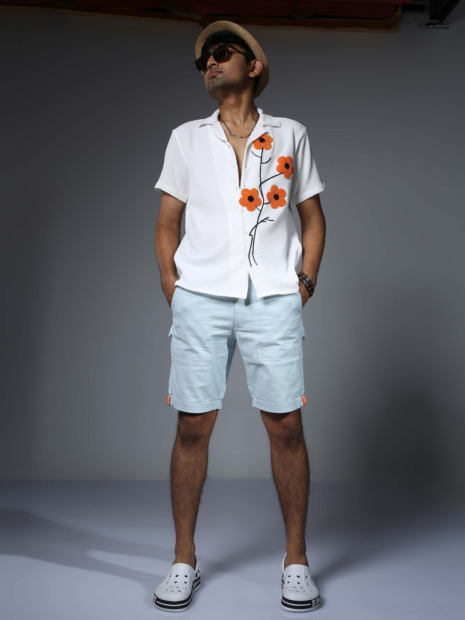 Men Linen Sky Blue Cargo Shorts