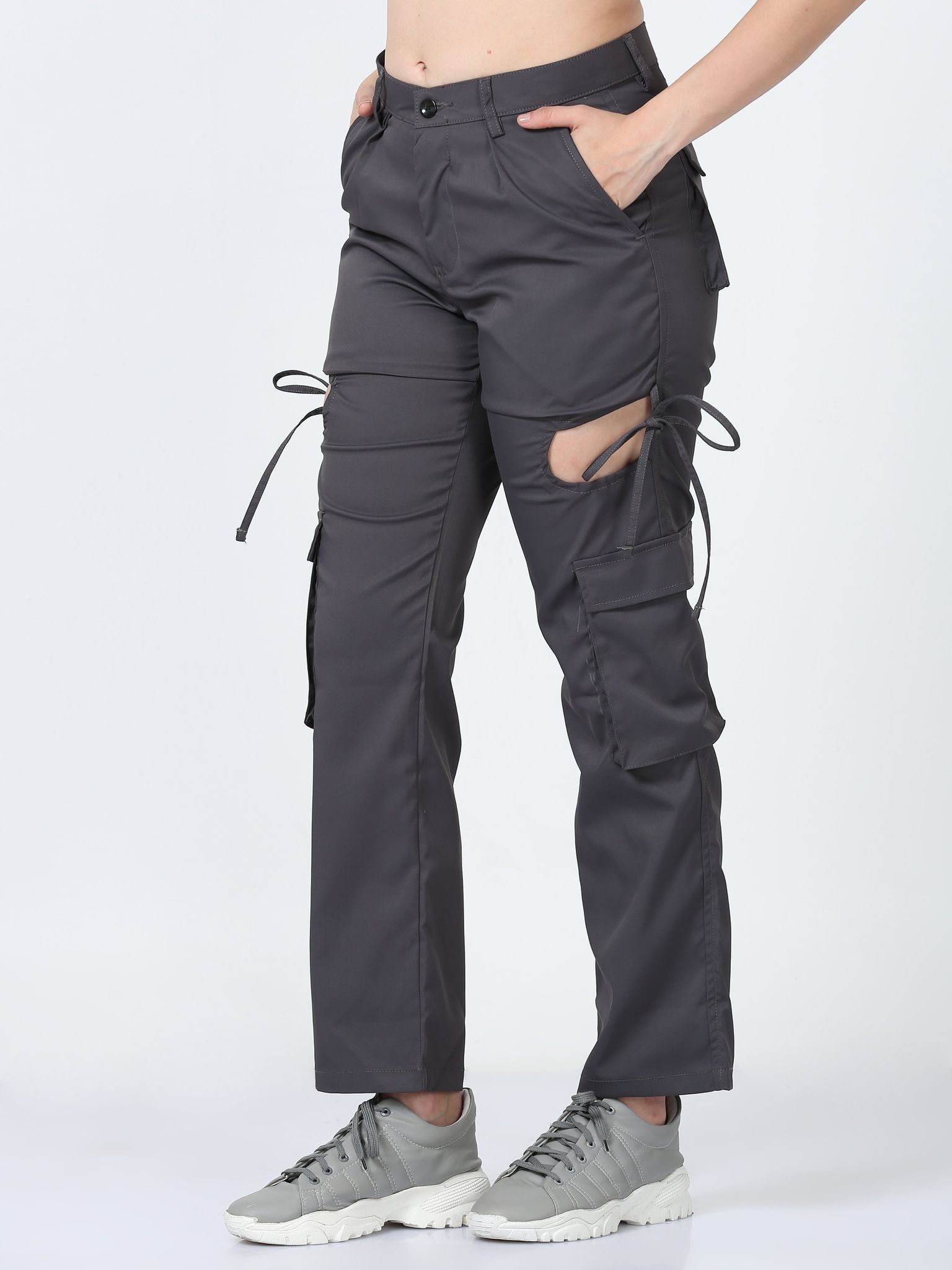 Women Dual Pocket Slashed Trousers-Grey