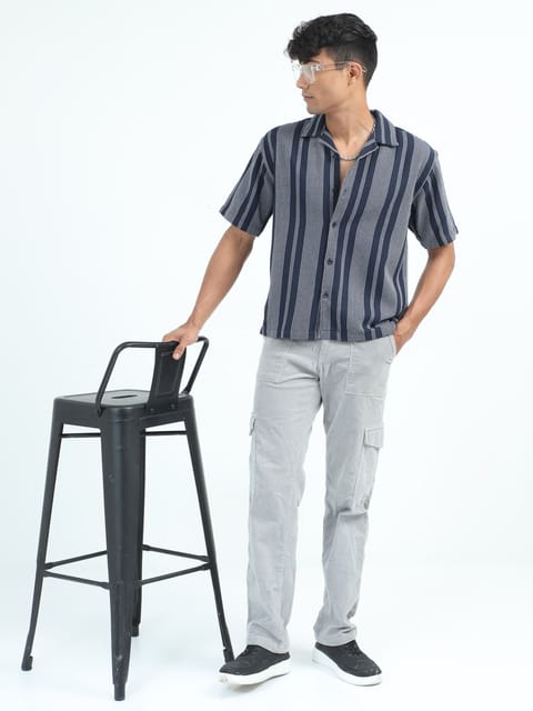 Men Striped Jacquard Oversized Shirt-Navy