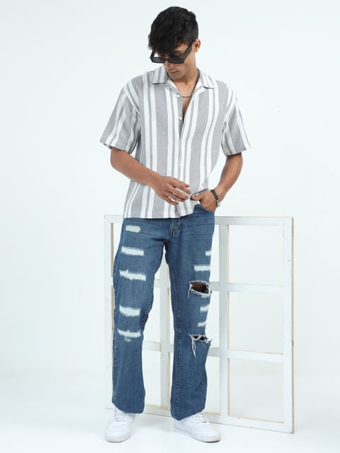 Men Striped Jacquard Oversized Shirt-White